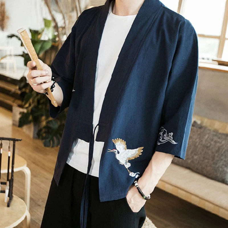 Buddha Stones Embroidery Open Front Jacket Cotton Linen Men's Three Quarter Sleeve Kimono
