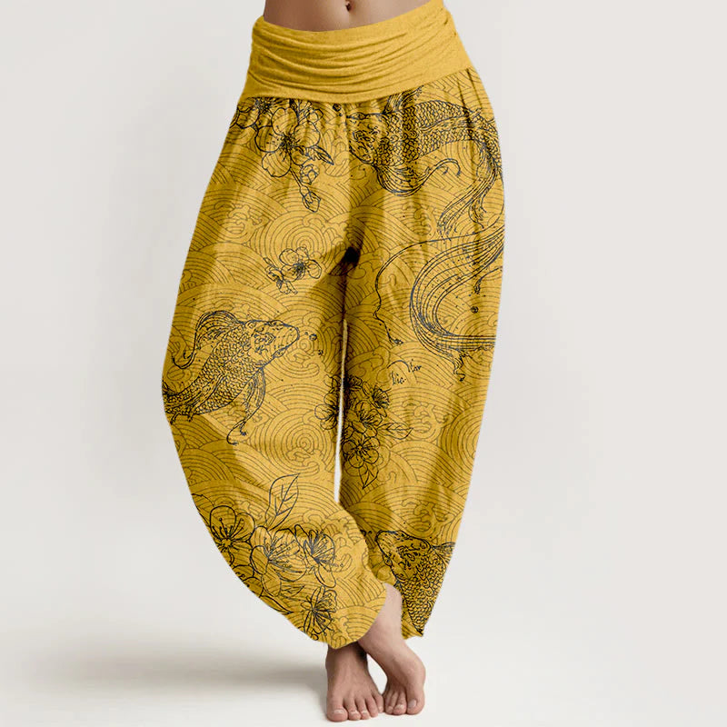 Buddha Stones Pure Cotton Exquisite Koi Fish Flowers Patterns Women's Elastic Waist Harem Pants
