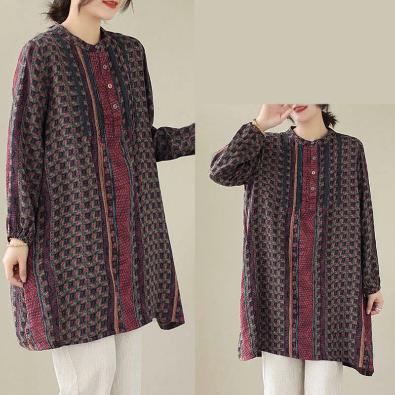 Buddha Stones Retro Printed Floral Women's Accordion Pleats Design Long Sleeve Shirt With Pockets