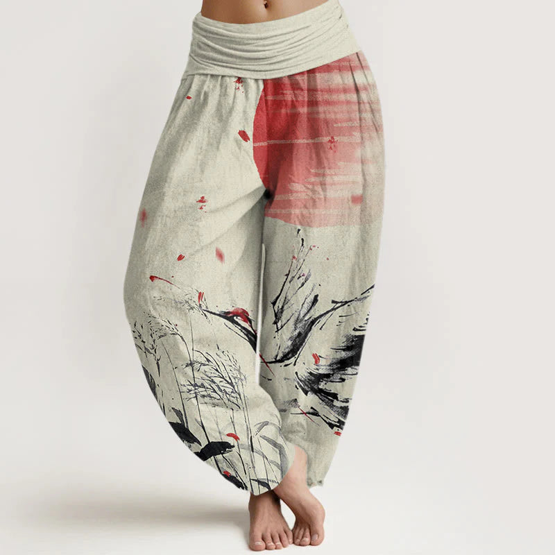 Buddha Stones Cotton Casual Red-crowned Reed Sun Crane Pattern Women's Elastic Waist Harem Pants