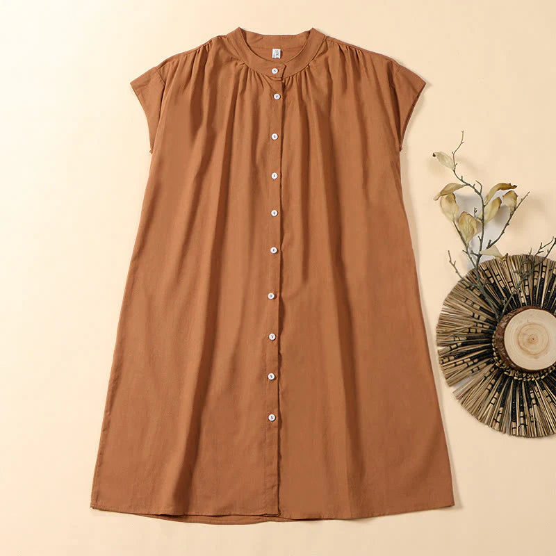 Buddha Stones Summer Solid Color Stand Collar A-line Design Short Sleeve Midi Dress