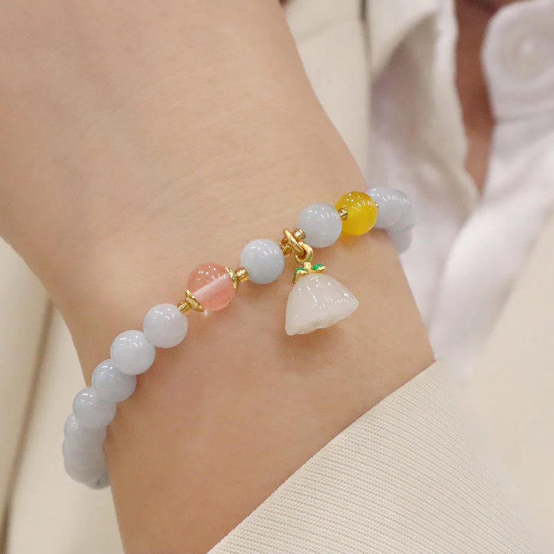 Buddha Stones Natural Aquamarine Chalcedony Serenity Rabbit Gourd Cat Charm Bracelet