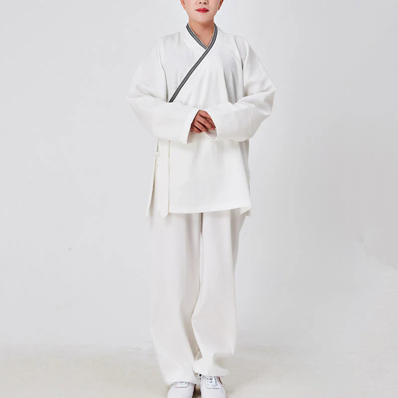 Buddha Stones 2Pcs Wudang Fall Solid Frog-Button Long Sleeve Linen Unisex Taoist Robe Kimono Pants Qigong Ceremony Suit
