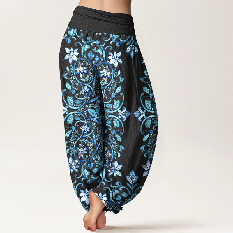 Buddha Stones Cotton Symmetrical Flower Vines Leaves Pattern Women's Elastic Waist Harem Pants
