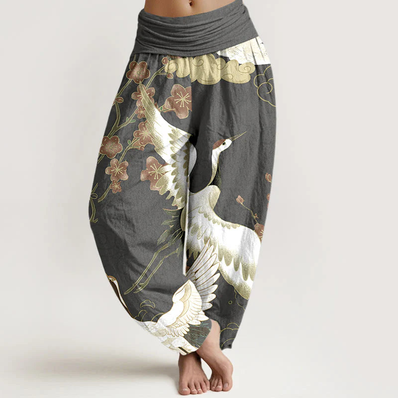 Buddha Stones Pure Cotton Cranes Flowers Clouds Patterns Women's Elastic Waist Harem Pants