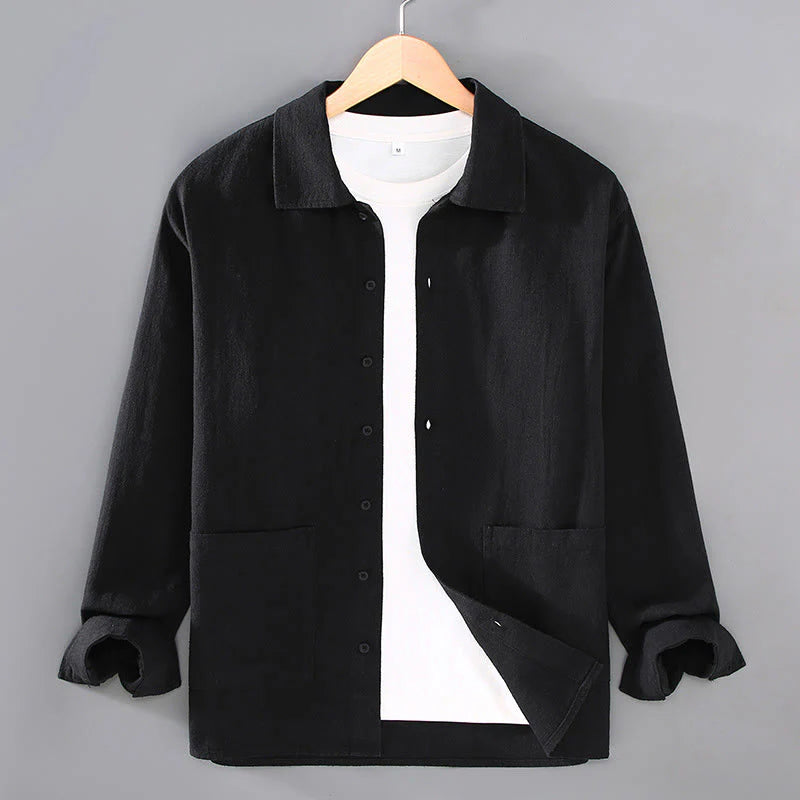Buddha Stones Solid Color Long Sleeve Buttons Shirt Men Ramie Cotton Clothing With Pockets