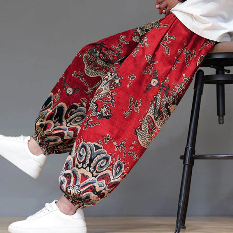 Buddha Stones Summer Dragon Drawstring Design Cotton Linen Men's Harem Pants With Pockets