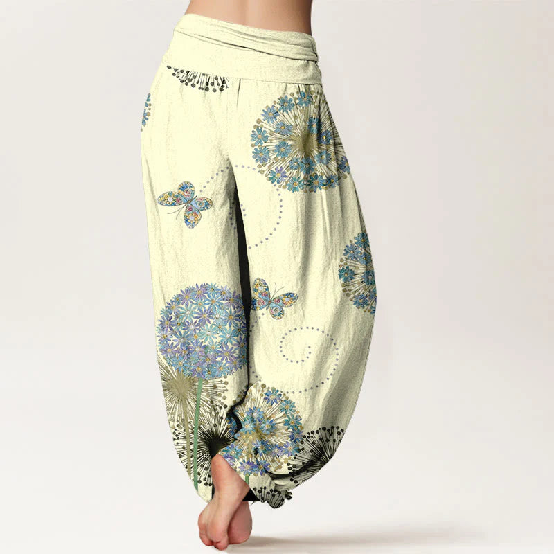 Buddha Stones Cotton Dreamlike Dandelion Butterfly Pattern Women's Elastic Waist Harem Pants