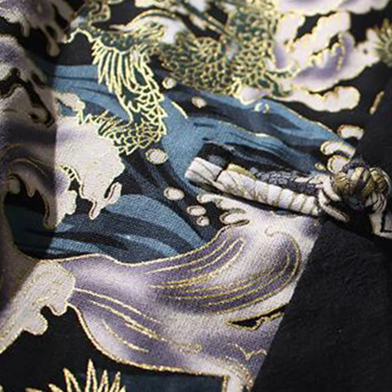 Buddha Stones Printed Color Contrast Dragon Pattern Frog-button Long Sleeve Men's Cotton Jacket