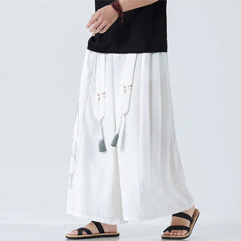 Buddha Stones Summer Dragon Drawstring Design Cotton Ankle-Length Men's Wide Leg Pants With Pockets