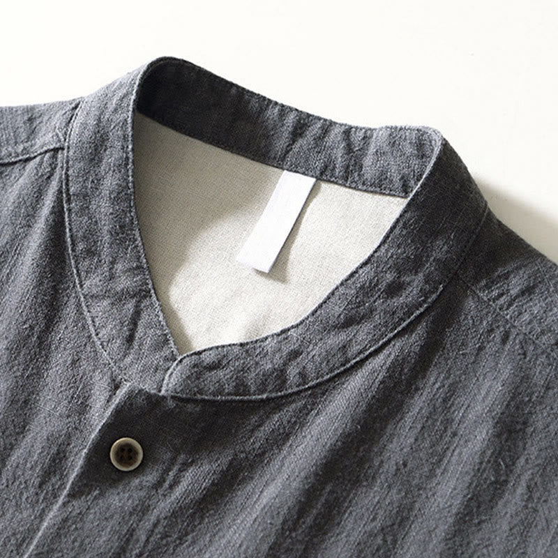 Buddha Stones Solid Color Men's Buttons Long Sleeve Cotton Linen Shirt With Pockets