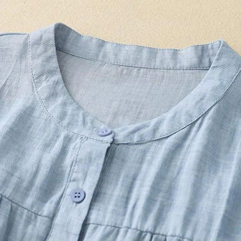 Buddha Stones Plain Crew Neck Buttons Design Three Quarter Sleeve Women's Shirt
