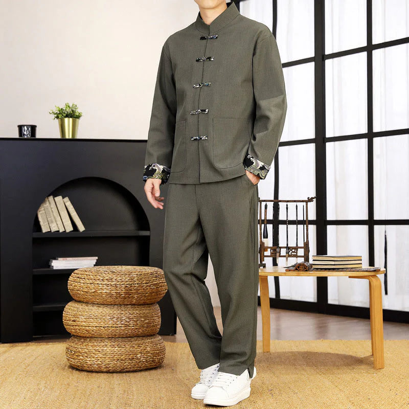 Buddha Stones 2Pcs Tang Suit Frog-Button Men's Waves Long Sleeve Shirt Pants Clothing Set