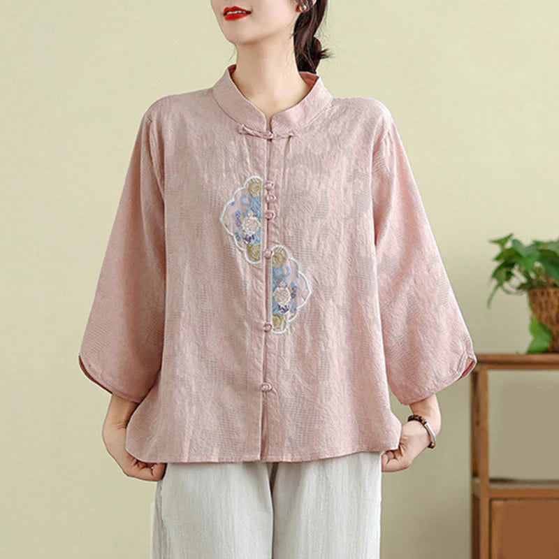 Buddha Stones Flower Embroidery Jacquard Three Quarter Sleeve Frog-Button Cotton Women's Shirt