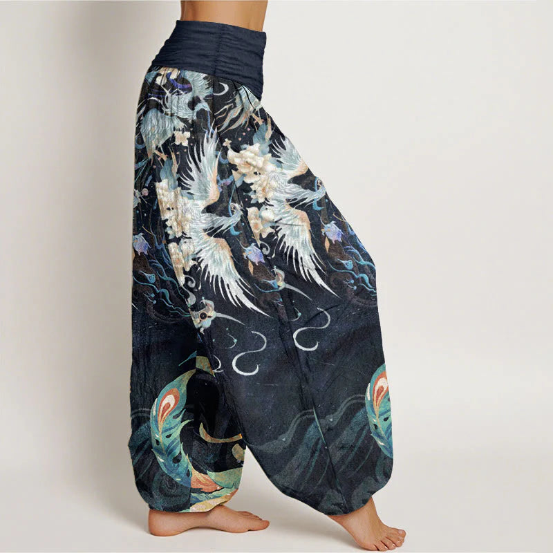 Buddha Stones Pure Cotton Phoenix Flower Pattern Women's Elastic Waist Harem Pants
