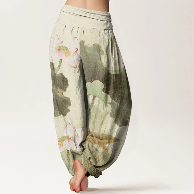 Buddha Stones Cotton Casual Lotus Petal Pods Pattern Women's Elastic Waist Harem Pants