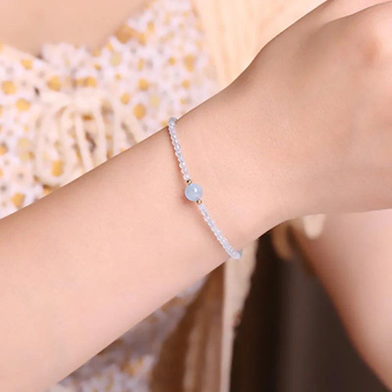 Buddha Stones Natural Aquamarine Ultra-Fine 2mm Faceted Bead Peace Bracelet