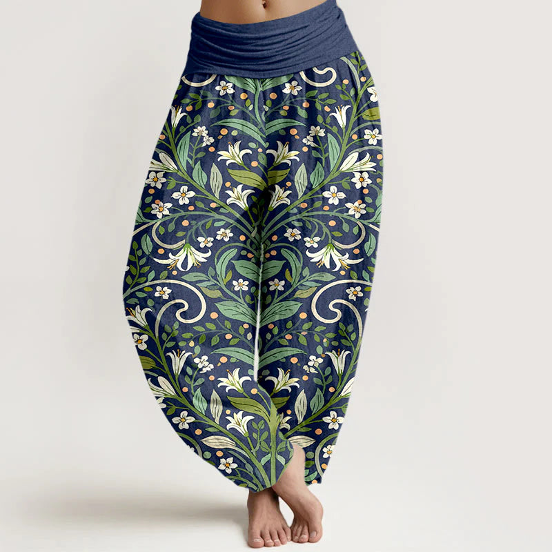 Buddha Stones Pure Cotton Elegant Lily Petal Leaf Pattern Women's Elastic Waist Harem Pants