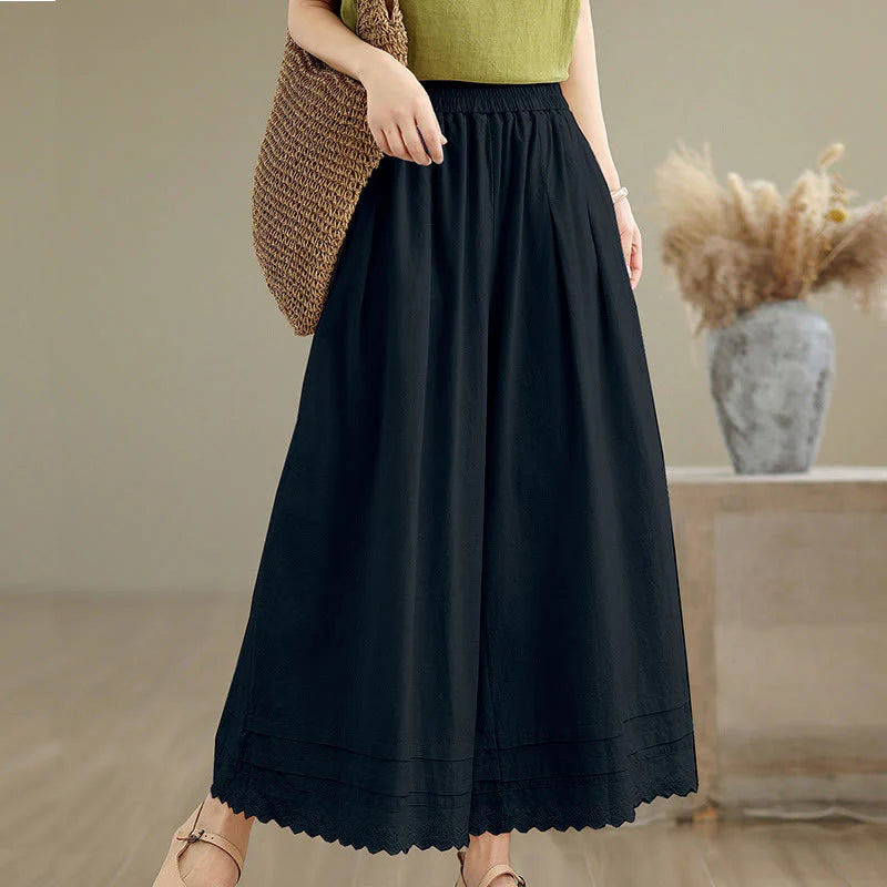 Buddha Stones Commute Simple Lace Design 7-8 Length Women's Wide Leg Cotton Linen Pants With Pockets