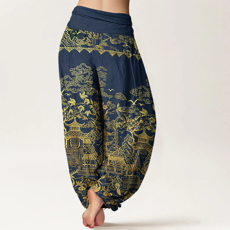 Buddha Stones Cotton Classical Architecture Landscape Animal Auspicious Clouds Pattern Women's Elastic Waist Harem Pants