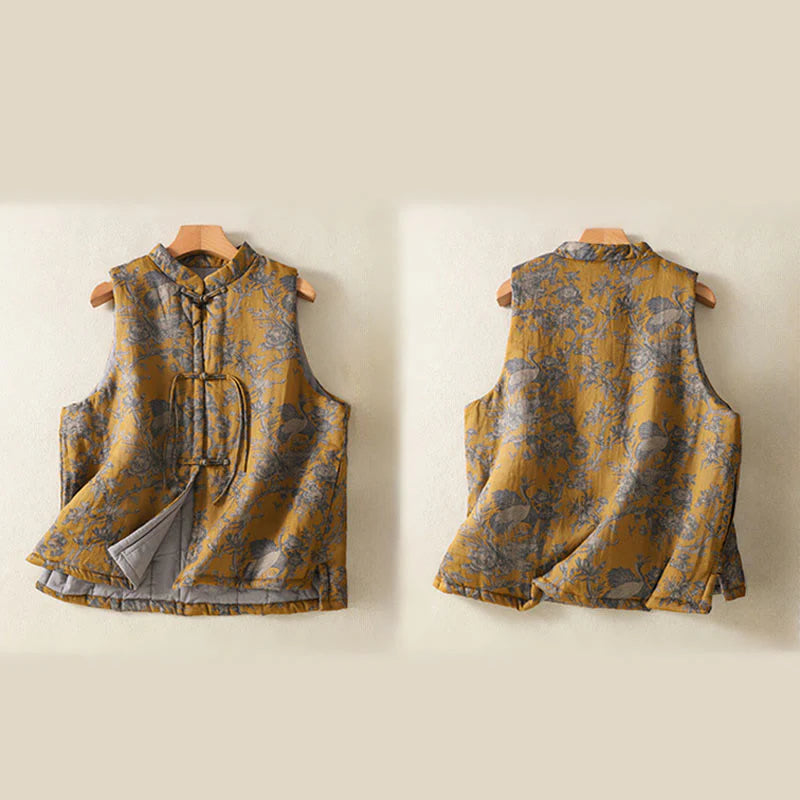 Buddha Stones Crane Flowers Branches Frog-Button Pattern Cotton Women's Sleeveless Vest Waistcoat