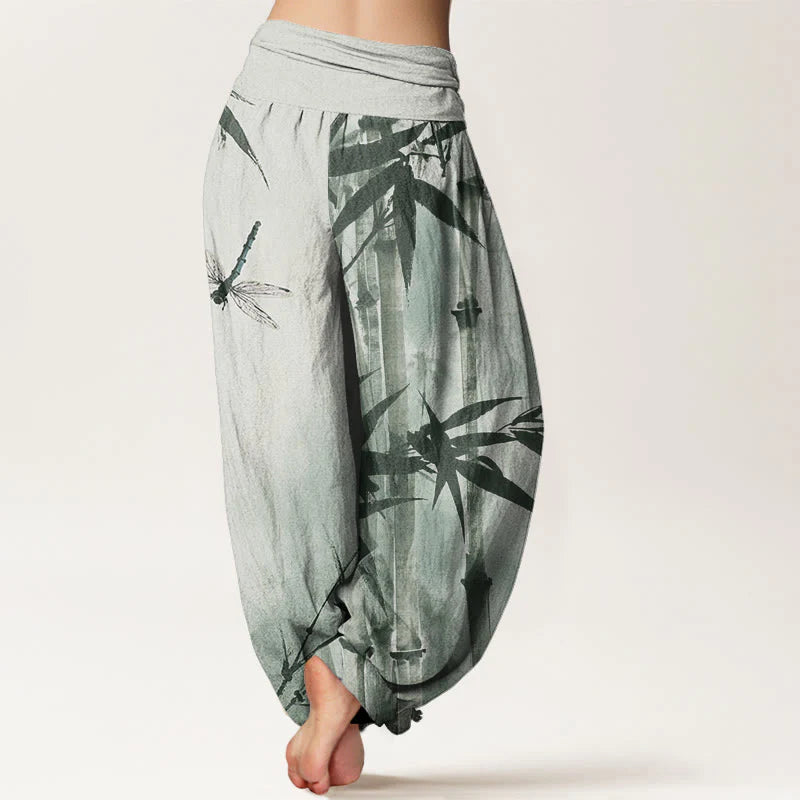 Buddha Stones Cotton Casual Bamboo Leaves Dragonfly Pattern Women's Elastic Waist Harem Pants