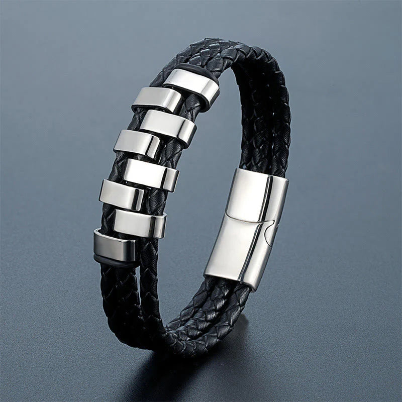Buddha Stones Geometric Design Titanium Steel Leather Strengthen Bracelet