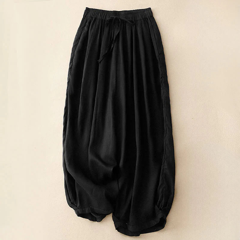 Buddha Stones Summer Elastic Waist Cotton Women's Capri Cropped Harem Pants With Pockets