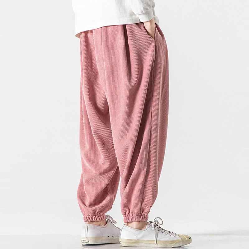 Buddha Stones Casual Pure Color Men's Drawstring Corduroy Harem Ankle-Length Pants With Pockets