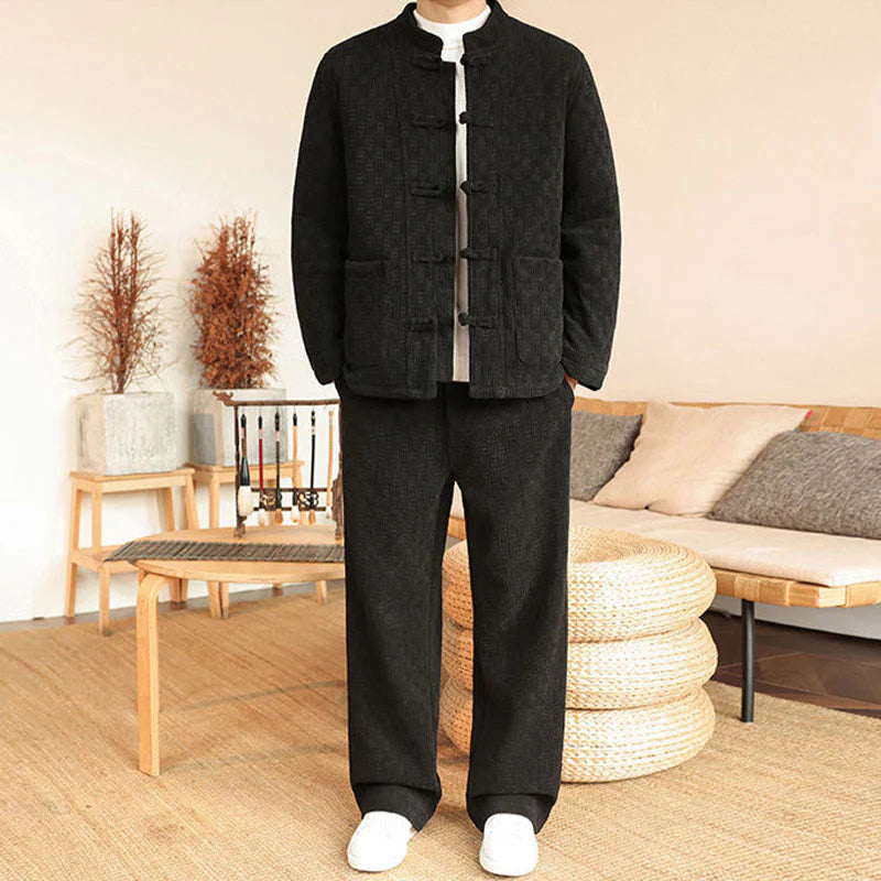 Buddha Stones 2Pcs Winter Solid Men's Tang Suit Frog-Button Cotton Long Sleeve Jacket Pants Set With Pockets