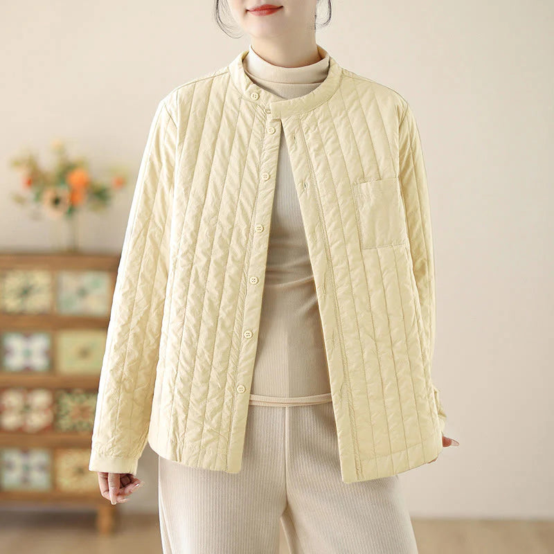 Buddha Stones Women's Stand Collar Simple Design Long Sleeve Thermal Cotton Jacket With Pocket