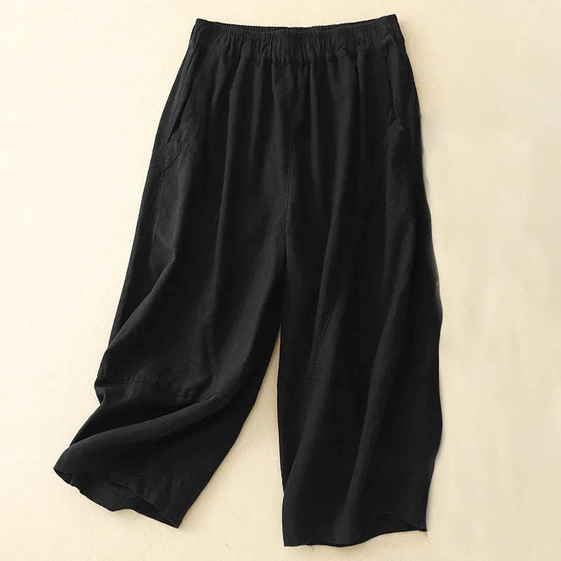 Buddha Stones Commute Casual Pure Color Women's Wide Leg Cotton Cropped Pants With Pockets