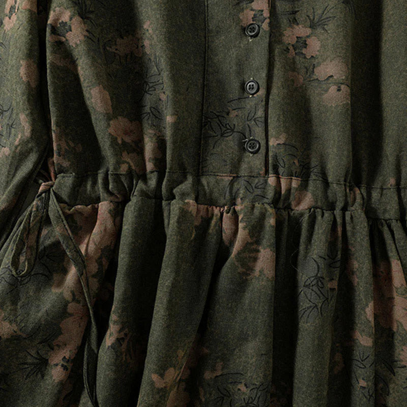 Buddha Stones Casual Flower Printed Pattern Buttons Design Long Sleeve Midi Dress With Pockets