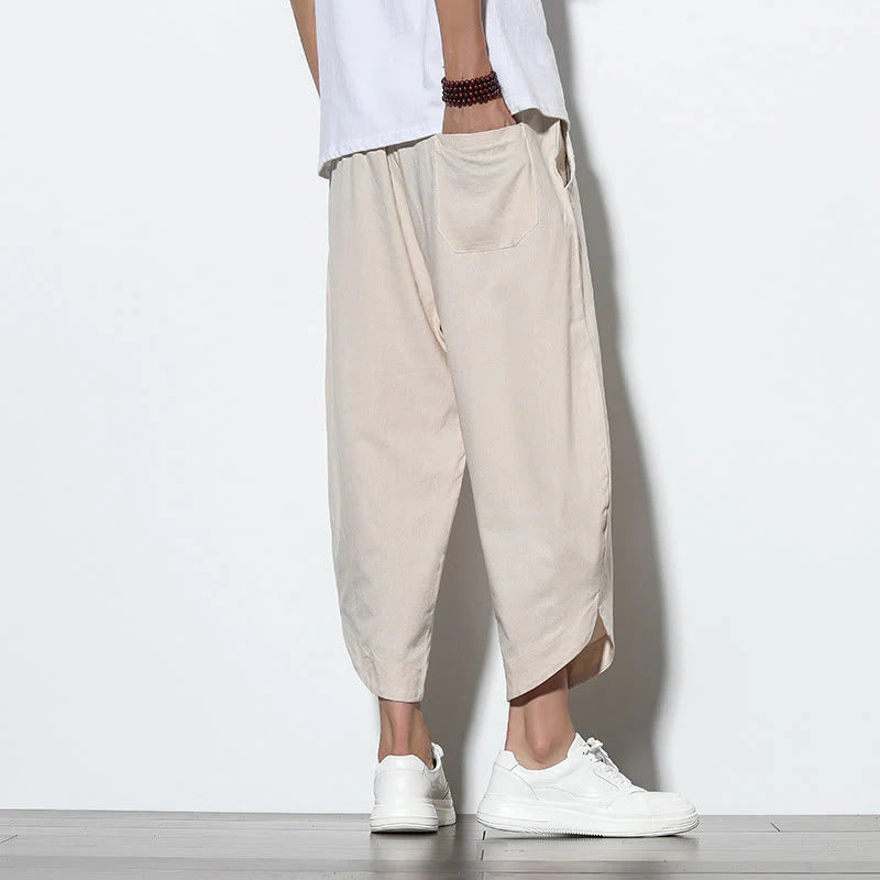 Buddha Stones Casual Summer Drawstring 7-8 Length Linen Men's Harem Pants With Pockets
