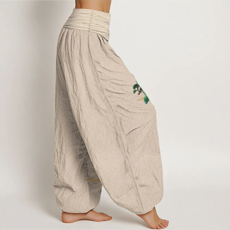 Buddha Stones Pure Cotton Elegant Colors Pine Tree Crane Pattern Women's Elastic Waist Harem Pants