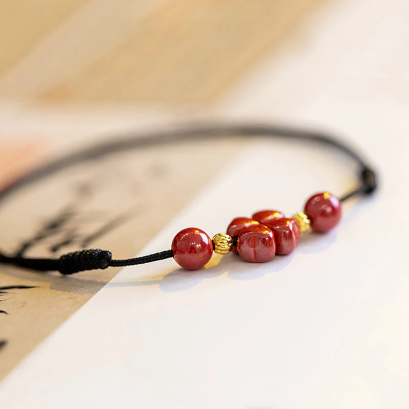 Buddha Stones Four Leaf Clover Cinnabar Blessing Calm String Bracelet Anklet