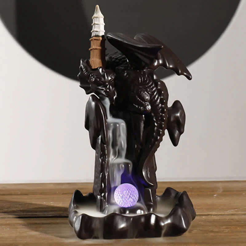 Buddha Stones Nordic Dragon Ceramic Backflow Smoke Fountain Meditation Healing Incense Burner Led Ball Decoration