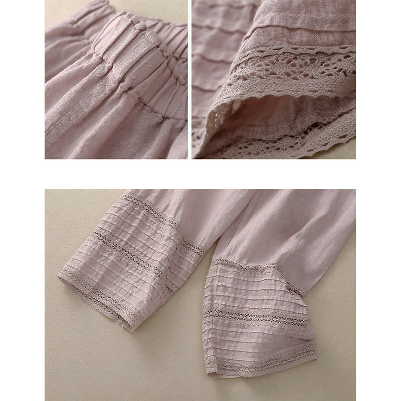 Buddha Stones Spring Elastic Waist Lace Pleated Hem Cotton Women's Pants With Pockets