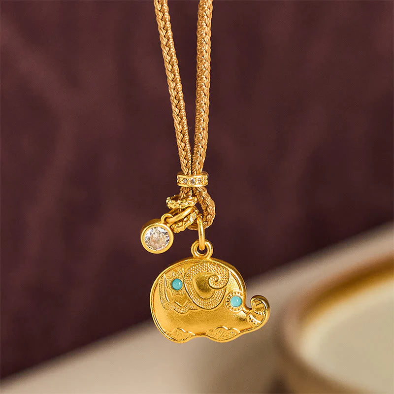 Buddha Stones 24k Gold Plated Brass Elephant Symbol Braided Cord Strength Necklace Pendant