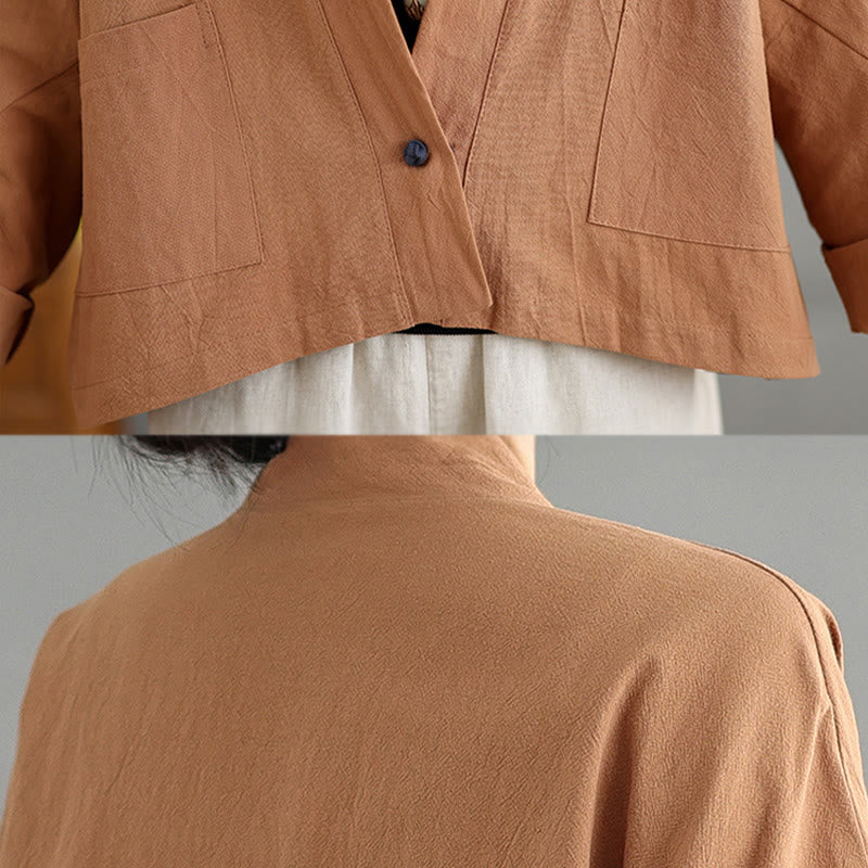 Buddha Stones Casual Vintage Plain Long Sleeve Open Front Cardigan Cotton Linen Jacket With Pockets