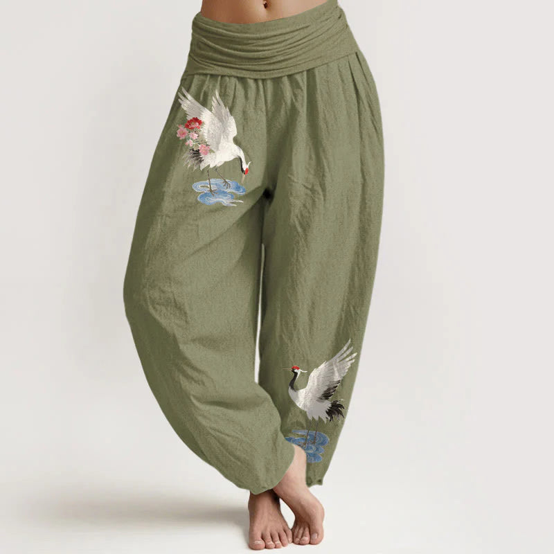 Buddha Stones Pure Cotton Elegant Crane Flower Cloud Pattern Women's Elastic Waist Harem Pants