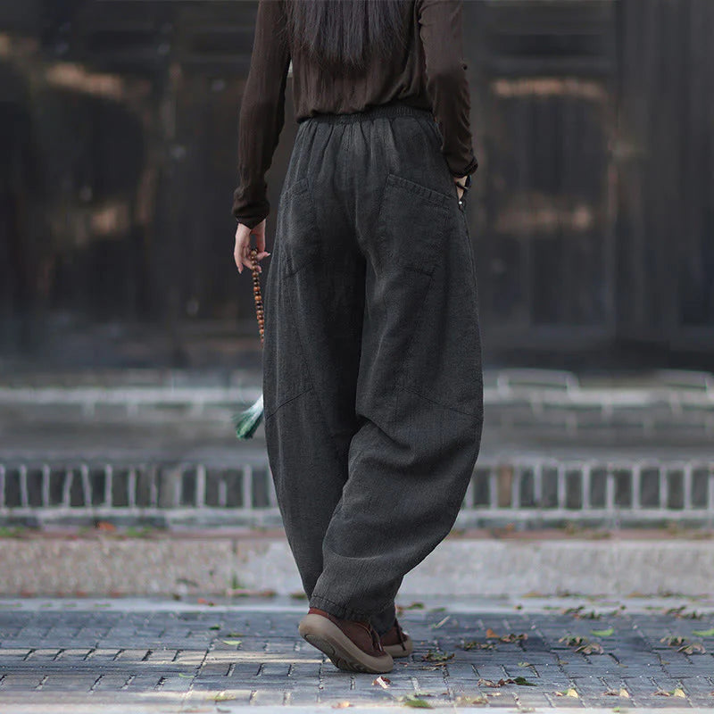 Buddha Stones Winter Elastic Waist Ramie Cotton Thermal Women's Pants With Pockets