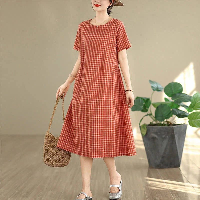 Buddha Stones Commute Plaid Pattern Simple Design Cotton Linen Short Sleeve Midi Dress With Pockets