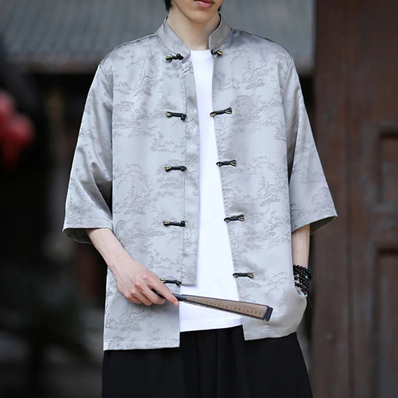Buddha Stones Summer Pine Tree Mountain Pattern Half Sleeve Frog-Button Design Men's Shirt