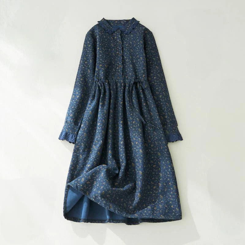 Buddha Stones Floral Pattern Lace Patchwork Design Long Sleeve Corduroy Midi Dress With Pockets