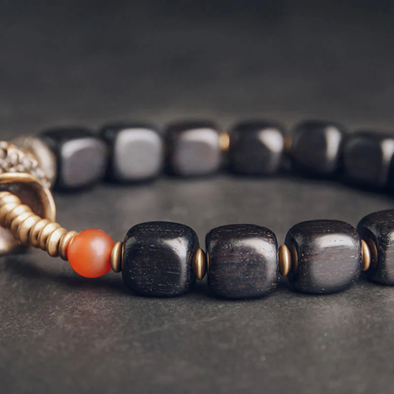 Buddha Stones Ebony Wood Copper Brass Red Agate Peace Bracelet