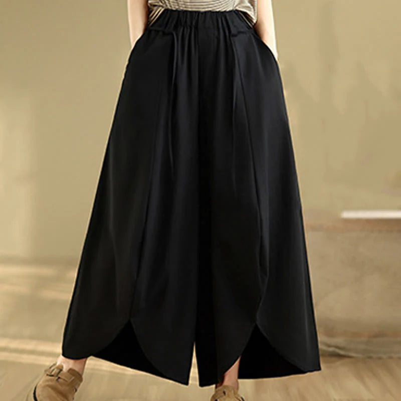 Buddha Stones Summer Vintage Lace-Up Women's Wide Leg Split Pants With Pockets