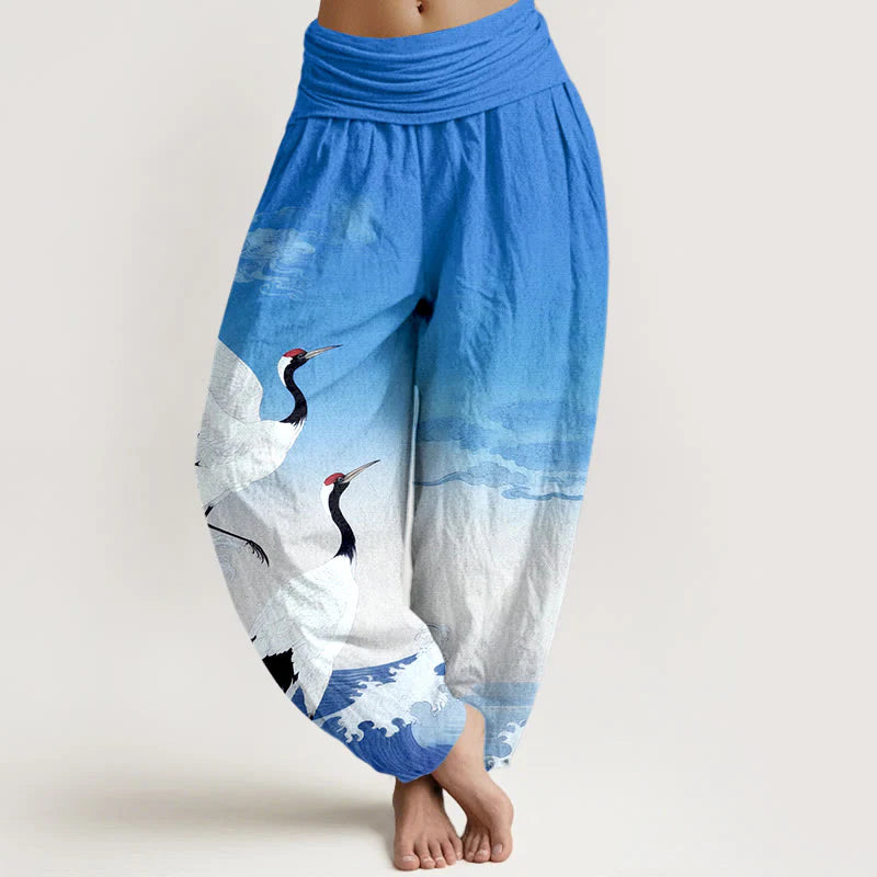 Buddha Stones Pure Cotton Cranes Auspicious Clouds OceanÂ Women's Elastic Waist Harem Pants