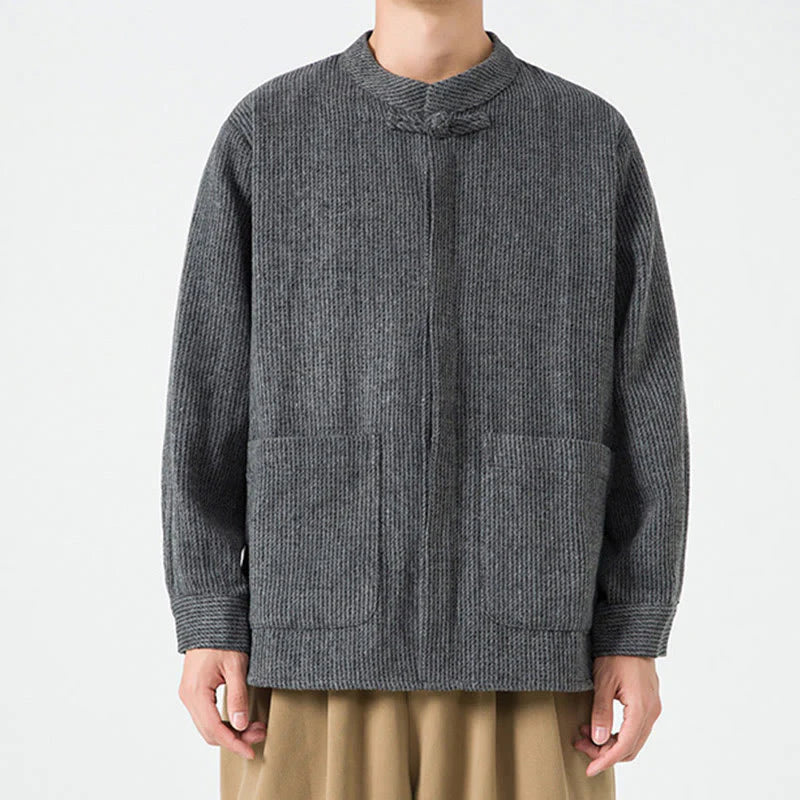 Buddha Stones Solid Color Frog-Button Long Sleeve Men's Cotton Corduroy Jacket With Pockets