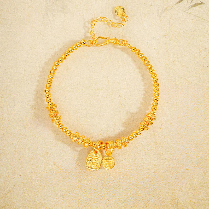 Buddha Stones 24k Gold Plated Brass Fu Character Lucky Charm Blessing Bracelet
